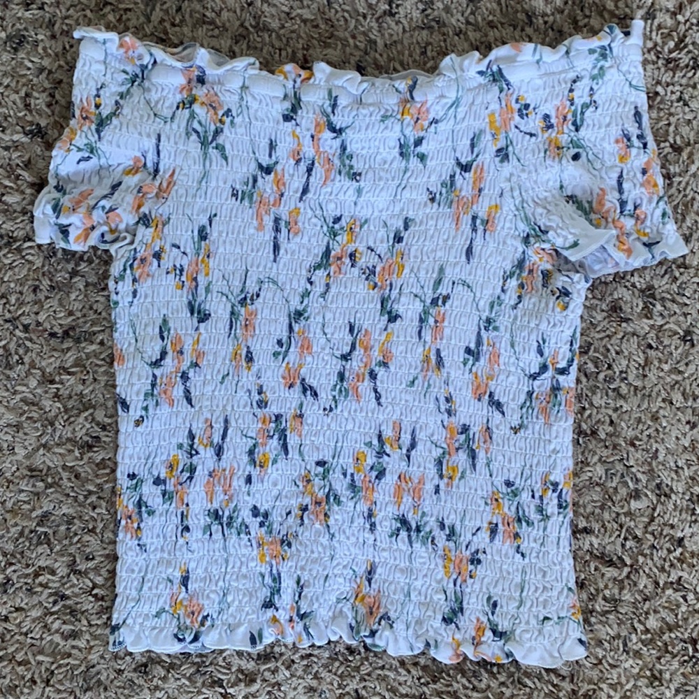 White floral stretchy off the shoulder top